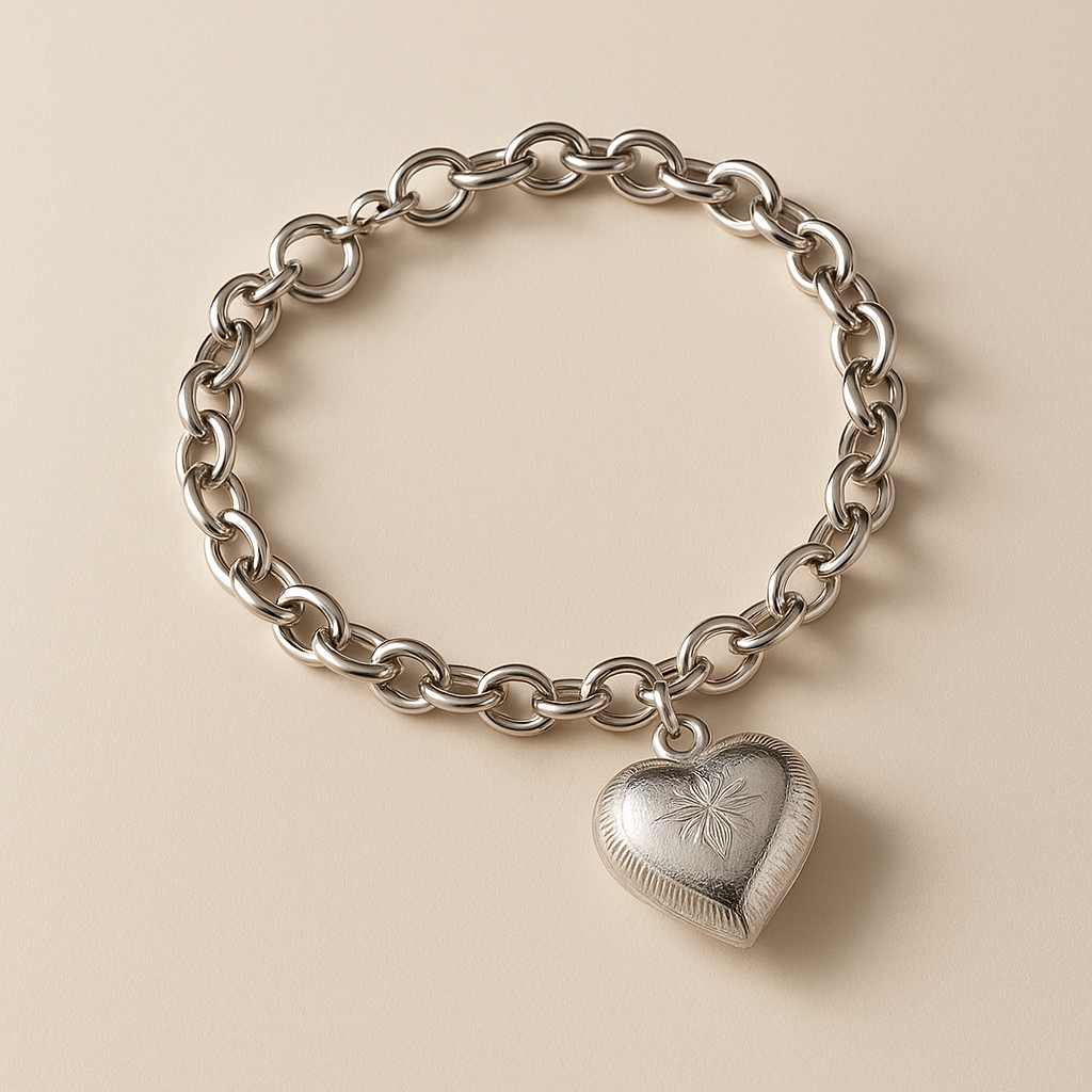 Pulseira Prateada Elo Português com Coração