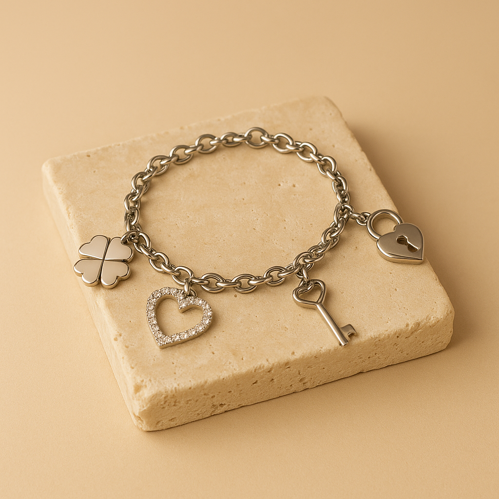 Pulseira Prateada Elo Português com Coração, Cadeado, Trevo e Chave