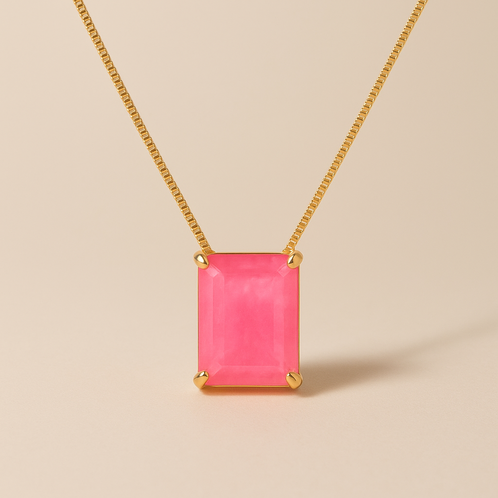 Colar Dourado Retangular de Pedra Rosa