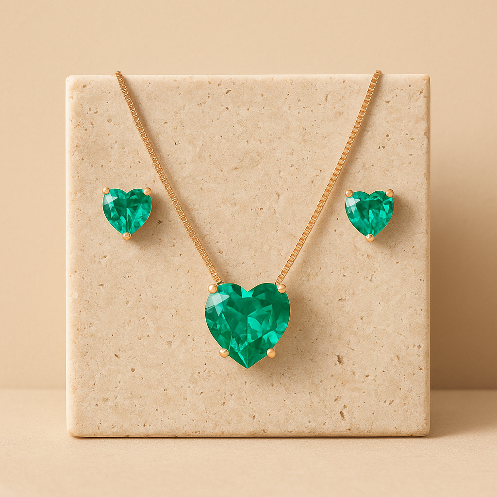 Conjunto de Colar e Brinco Dourado de Coração Verde em Zircônia
