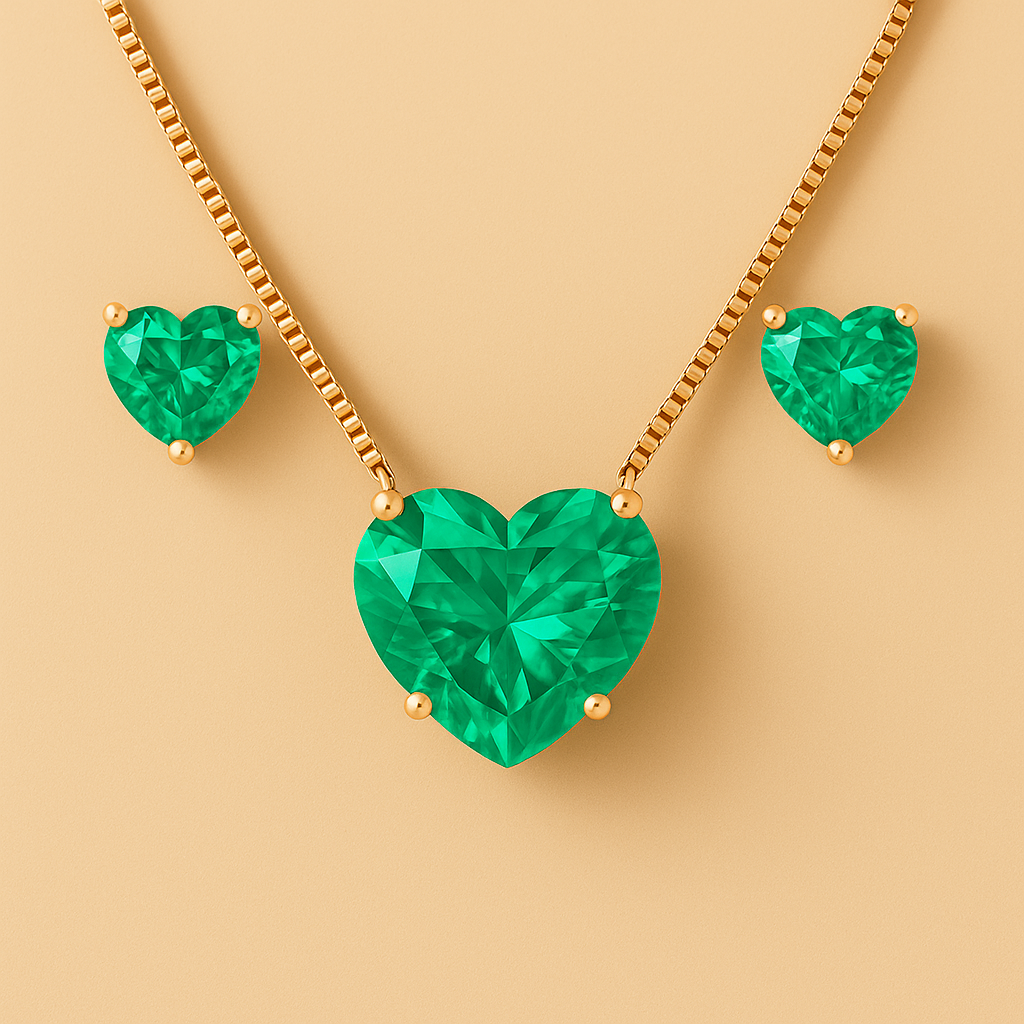 Conjunto de Colar e Brinco Dourado de Coração Verde em Zircônia