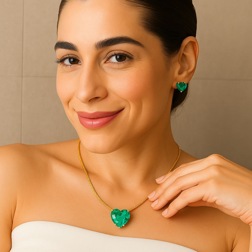 Conjunto de Colar e Brinco Dourado de Coração Verde em Zircônia