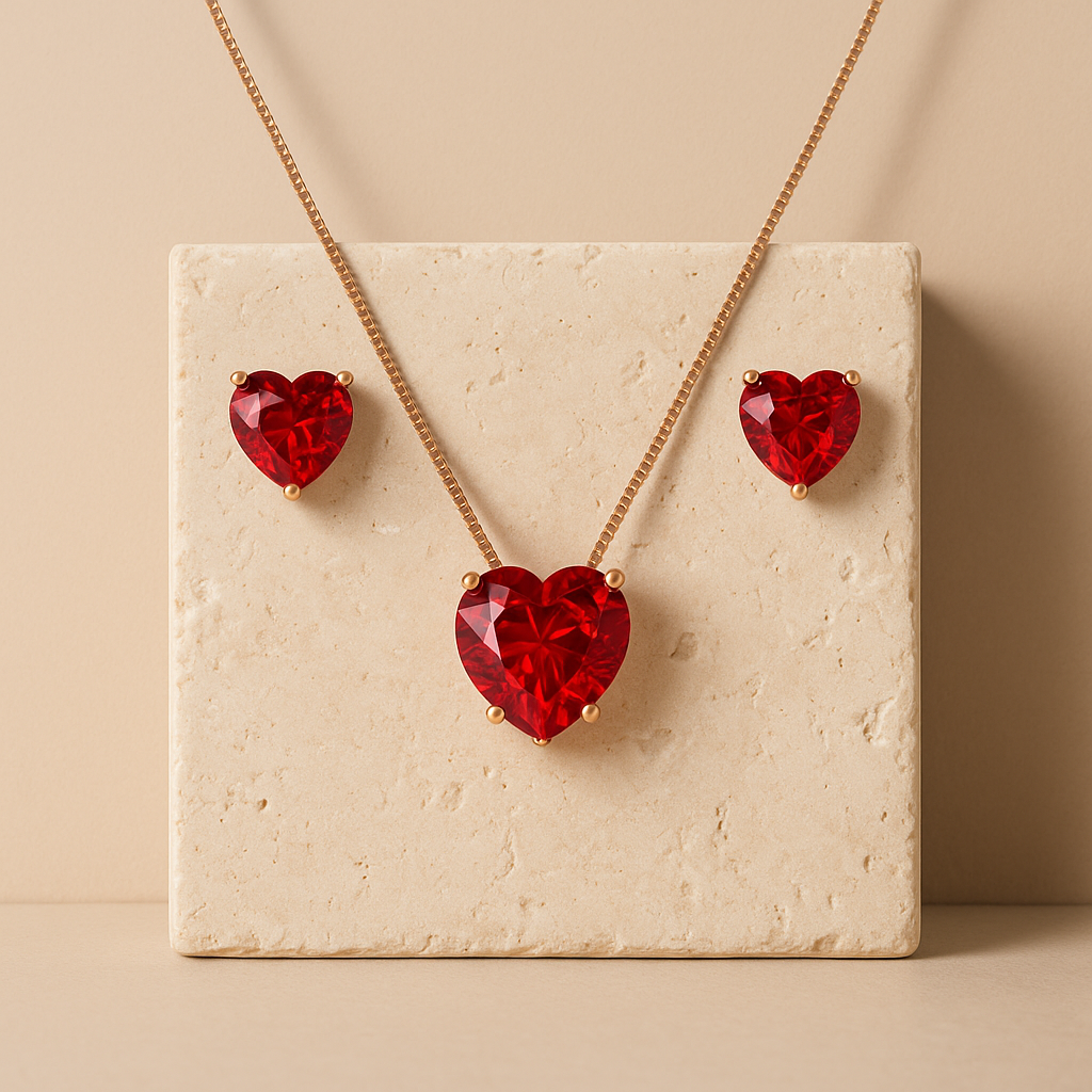 Conjunto de Colar e Brinco Dourado de Coração Vermelho em Zircônia