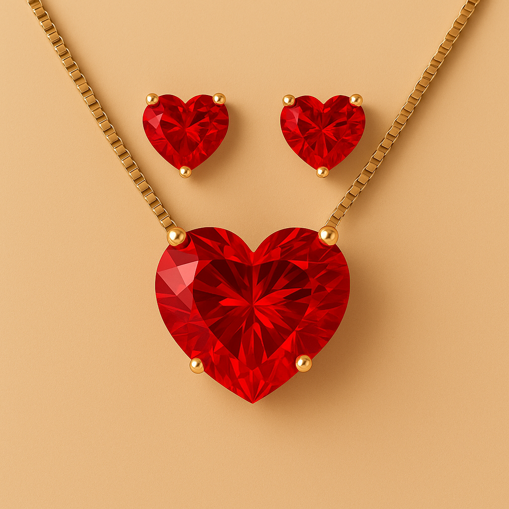 Conjunto de Colar e Brinco Dourado de Coração Vermelho em Zircônia