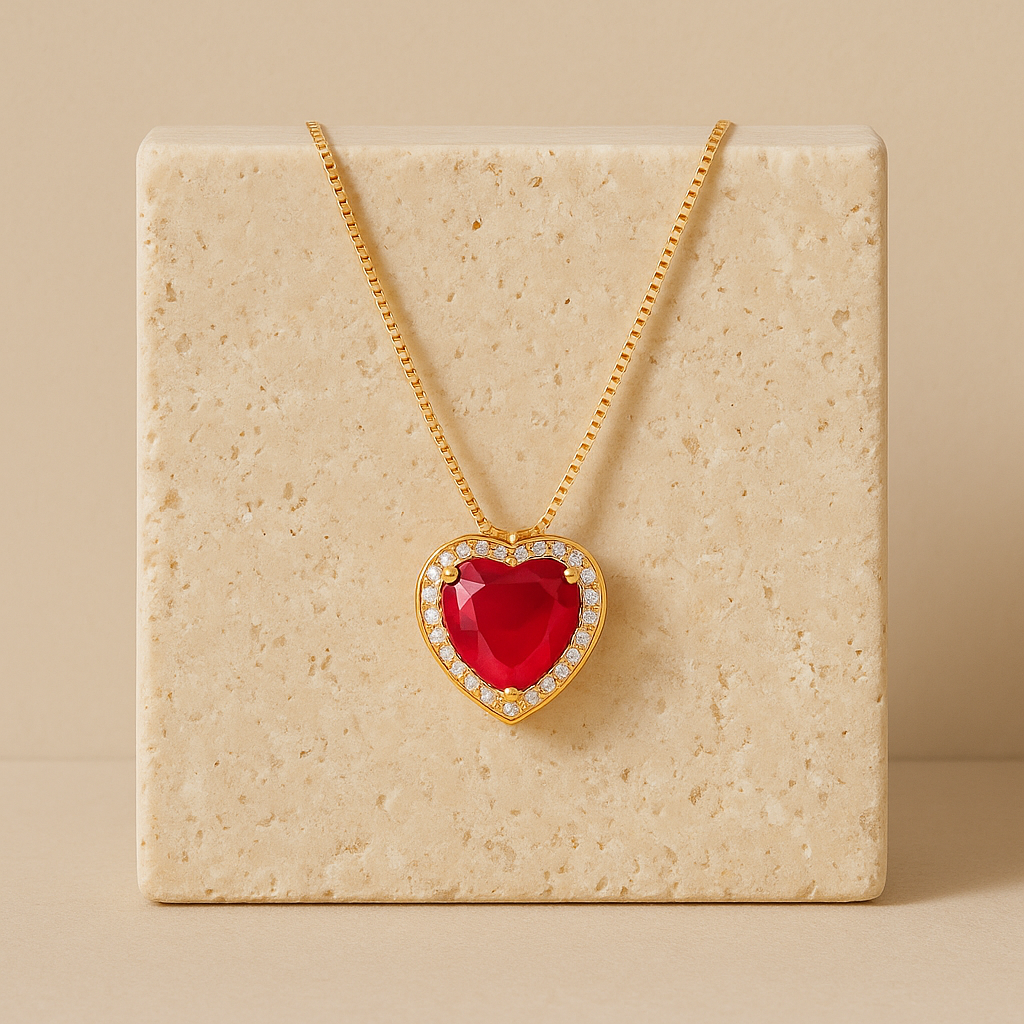 Colar Rubi Dourado com Pingente de Coração em Pedra Natural Vermelha Cravejado de Zircônias