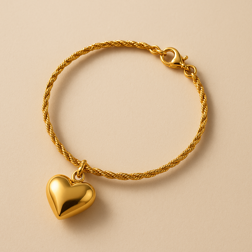 Pulseira Malu Dourada com Cordão Baiano e Pingente de Coração