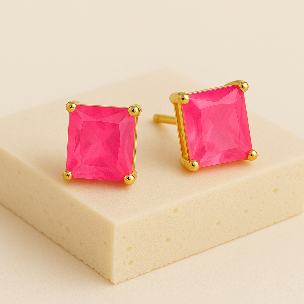 Brinco Dourado de Pedra Retangular Rosa