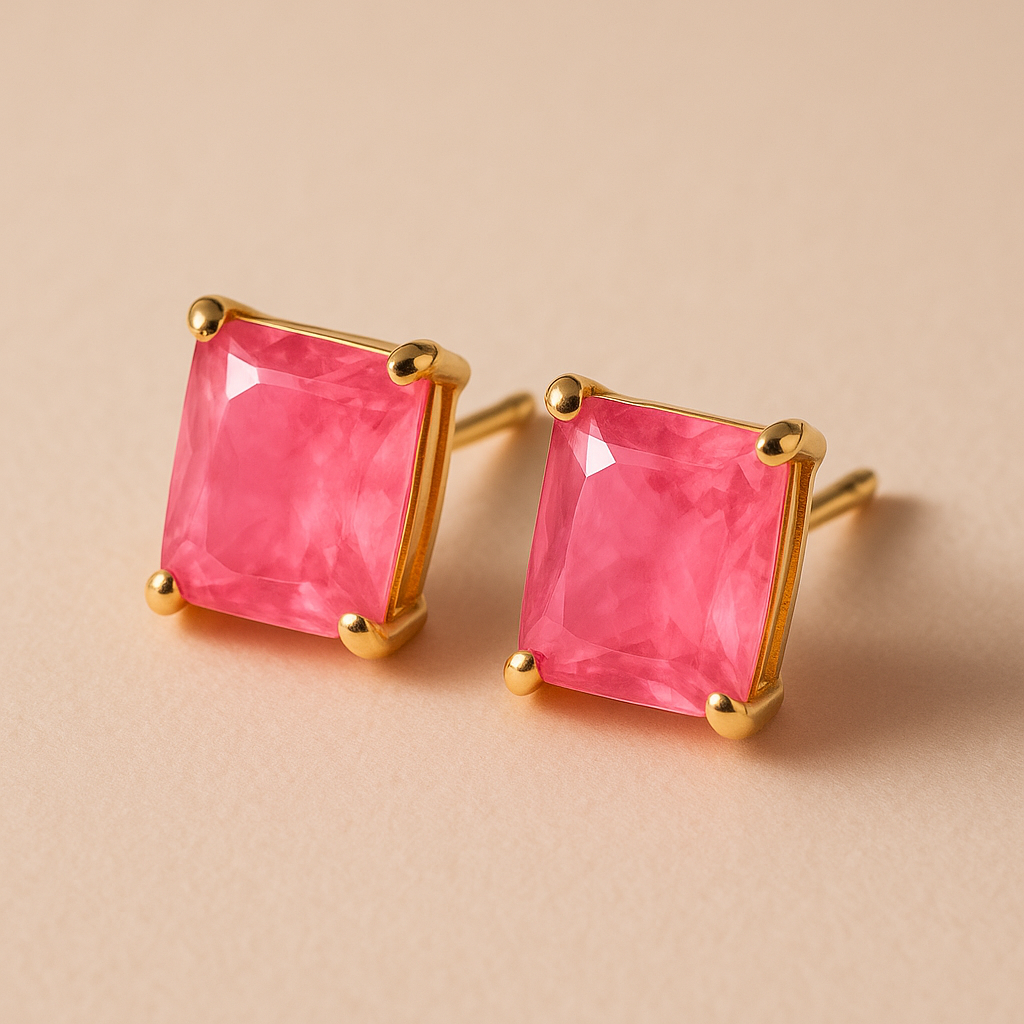 Brinco Dourado de Pedra Retangular Rosa