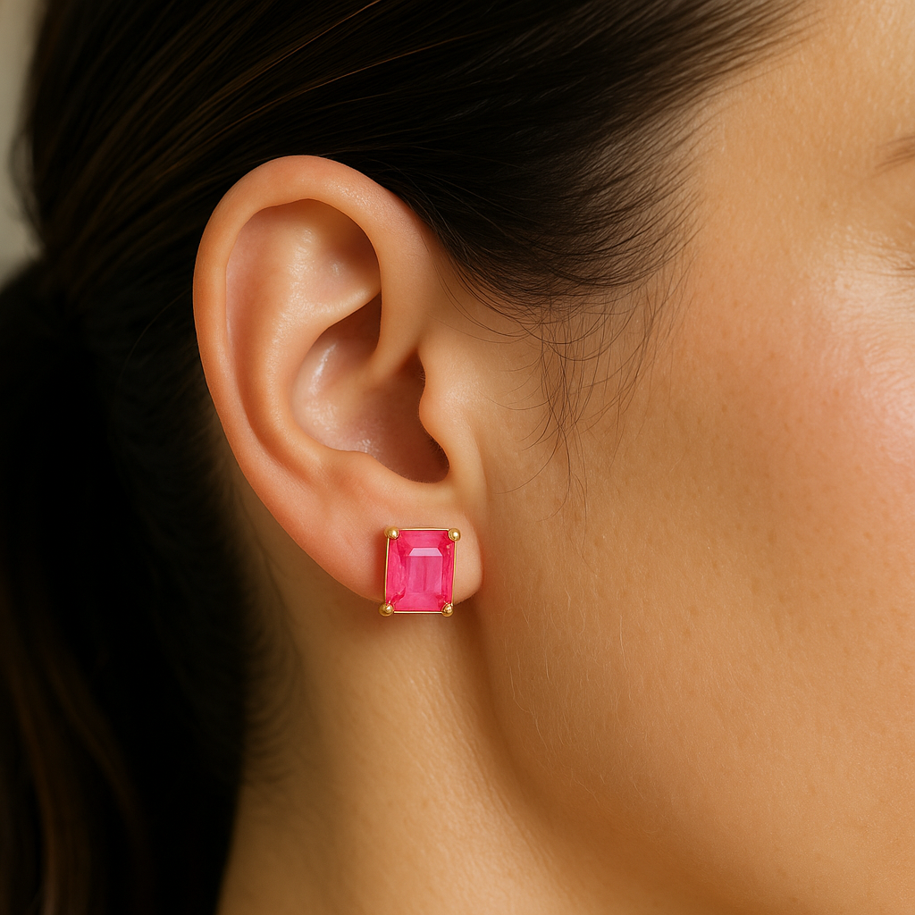 Brinco Dourado de Pedra Retangular Rosa