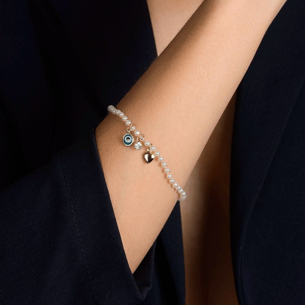 Pulseira Laís Dourada com Pérolas, Olho Grego e Ponto de Luz