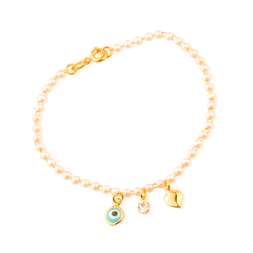 Pulseira Laís Dourada com Pérolas, Olho Grego e Ponto de Luz