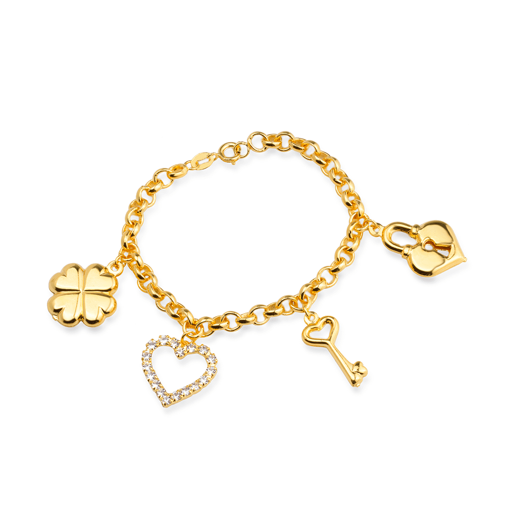 Pulseira Essence em Elo Português com Coração, Cadeado, Trevo e Chave